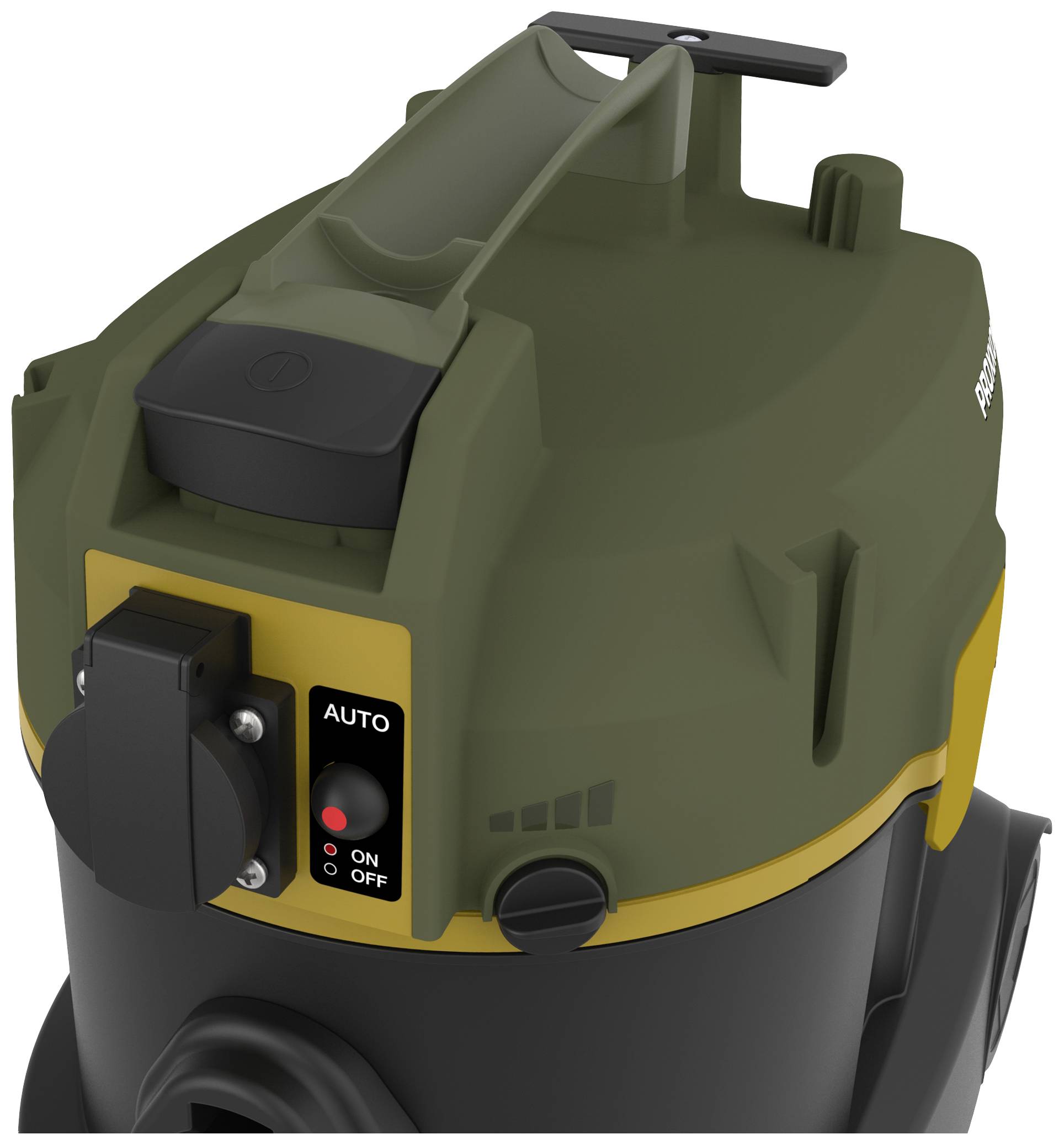 Industrial vacuum cleaner in green and black with switch for auto mode and on/off function.