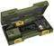 Green tool case with multi-functional tool, charger, attachments, and mains cable. Ideal for DIY projects.