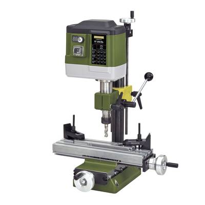 A green miniature drilling and milling machine with digital display and adjustable table for precise metal or woodworking.