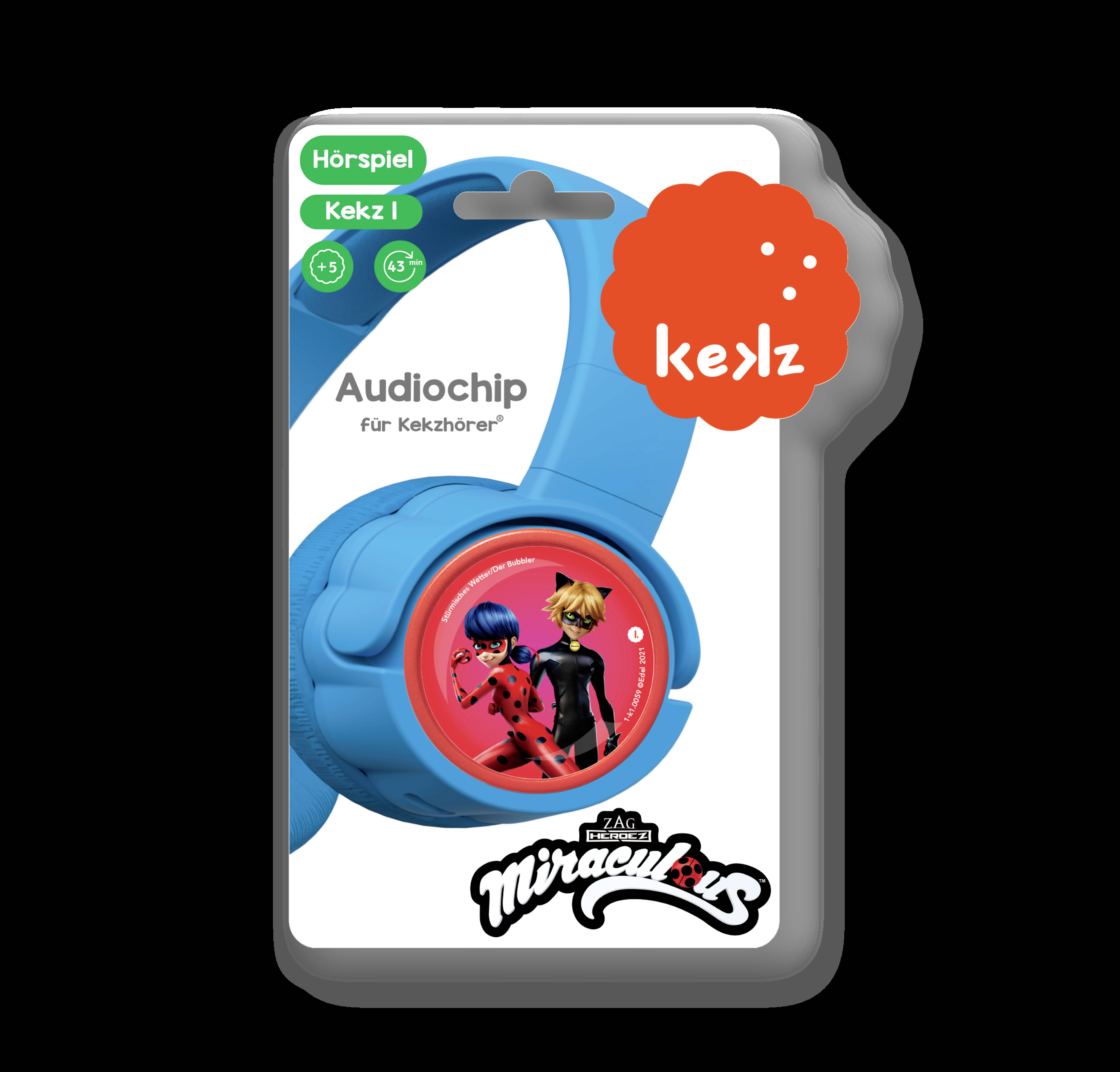 Packaging for an audio chip for 'Kekzhörer' audio drama, featuring a blue headphone illustration and an image of two superhero figures on a black background.