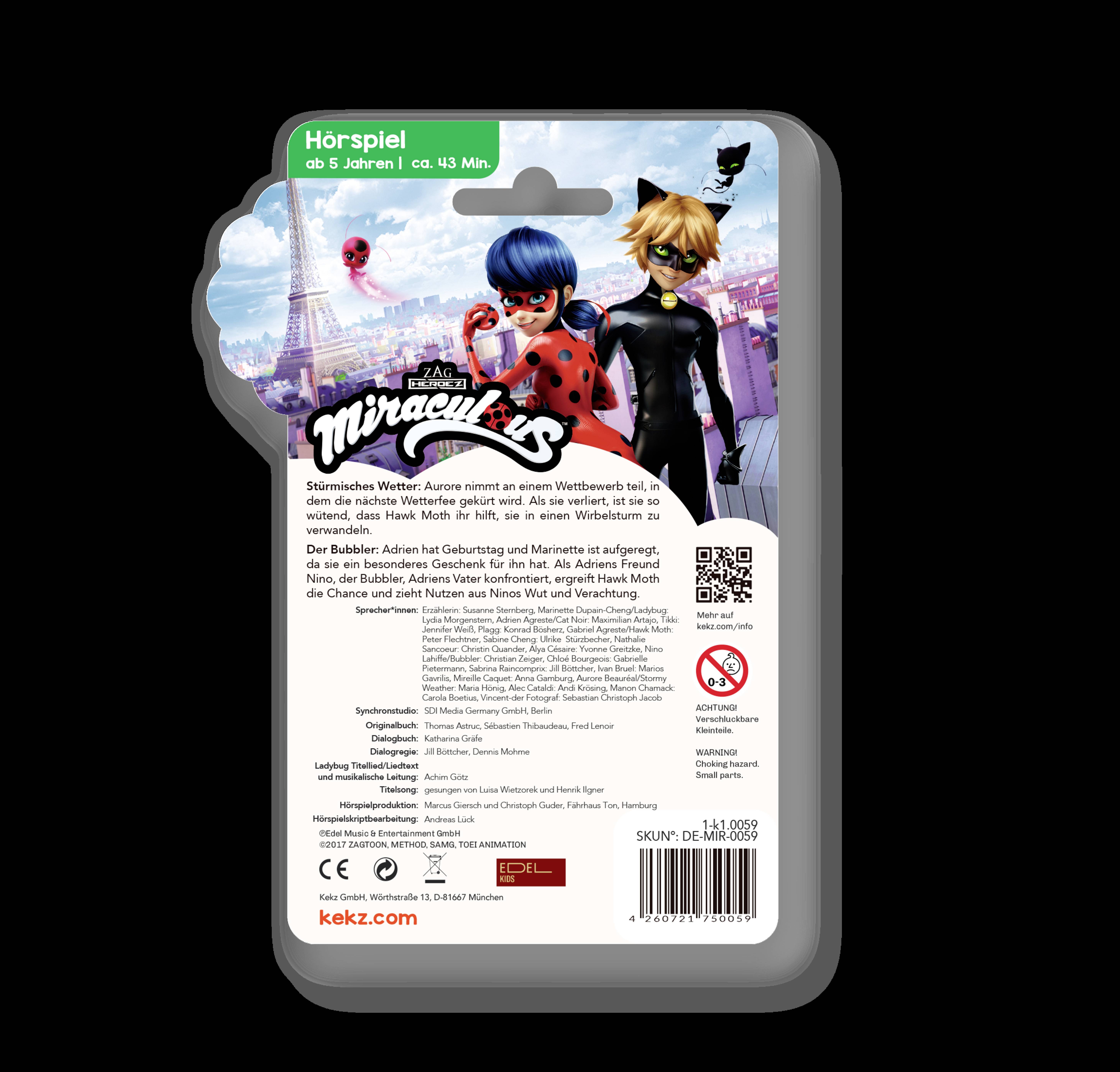 Packaging for an audio play suitable for children aged 5 and above. Depicted are two superheroes in front of a city landscape featuring the Eiffel Tower.