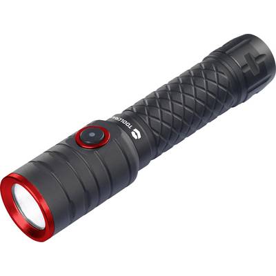 A black torch with a red border and textured grip. It has a large main power switch on the handle.