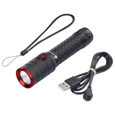 A black torch with a red trim and a USB cable beside it, perfect for camping or emergency situations.