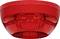 Round, red fire alarm mounted on the ceiling; flashing light for visual alerting in case of fire.