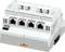 'An Ethernet switch with eight ports, suitable for industrial network applications, mounted on a DIN rail.'