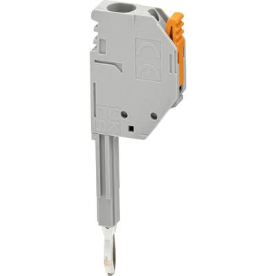 Grey electrical connector with an orange clamp on top. Used for securely connecting wires in electrical applications.