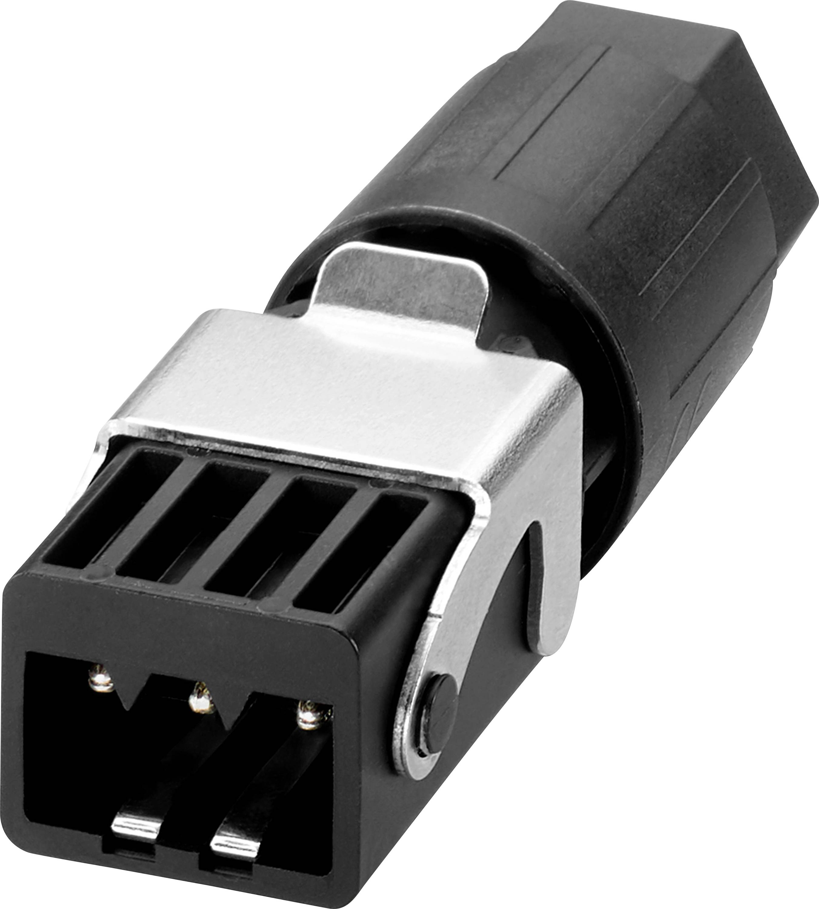 A black, rectangular power plug with a metal insert and three visible connection pins is shown in close-up.