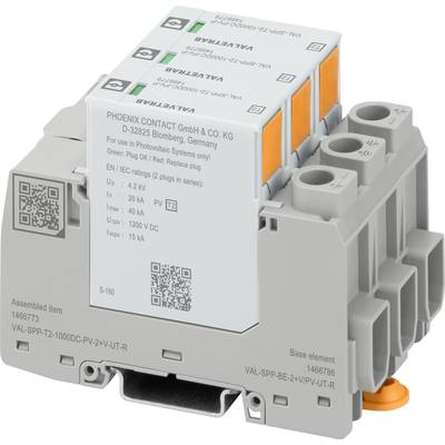 A surge protection device by Phoenix Contact with multiple connection terminals, suitable for PV systems, mounted on a DIN rail.