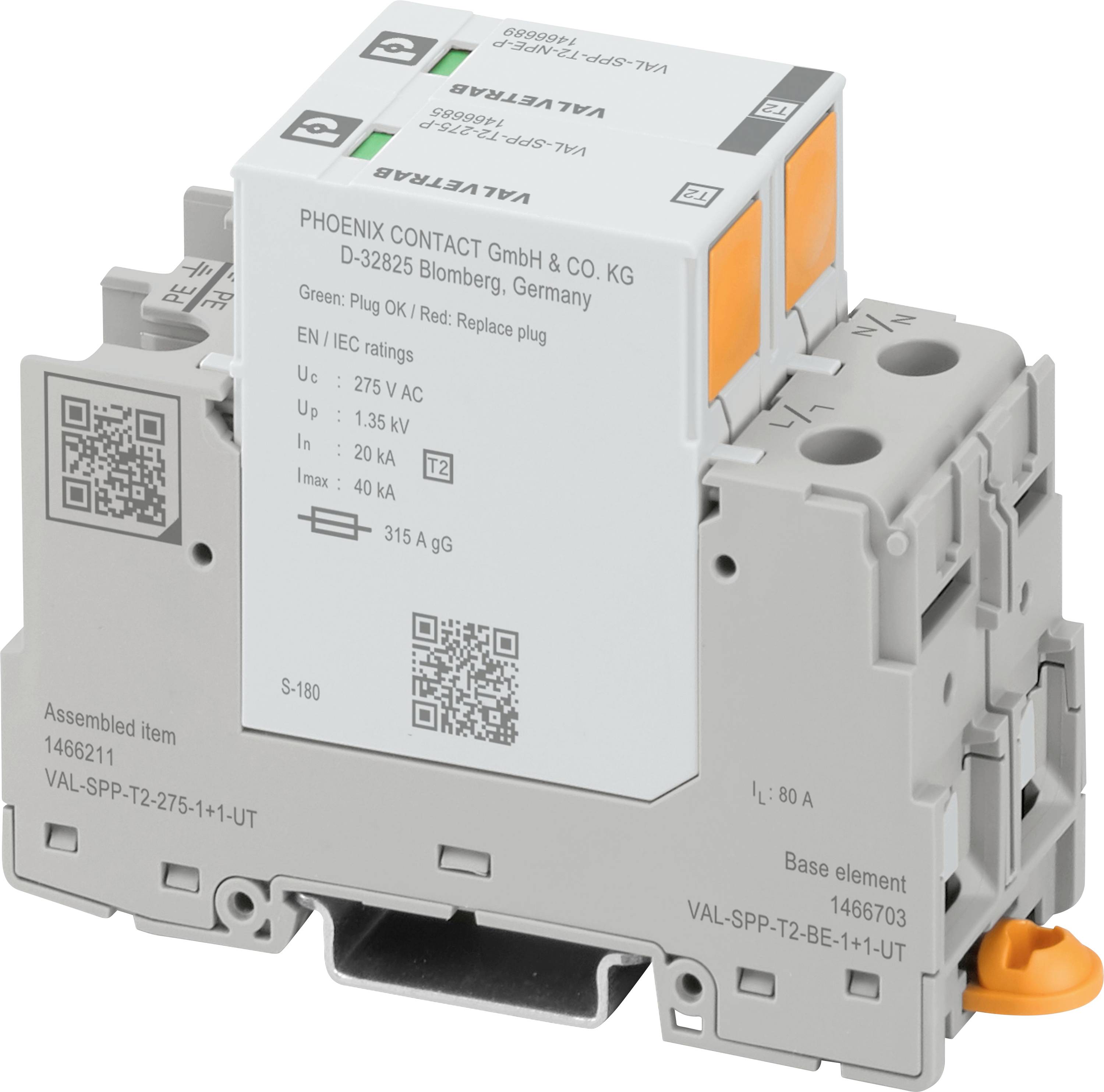 Electronic component by PHOENIX CONTACT for installation in electrical systems, with QR codes and technical specifications.