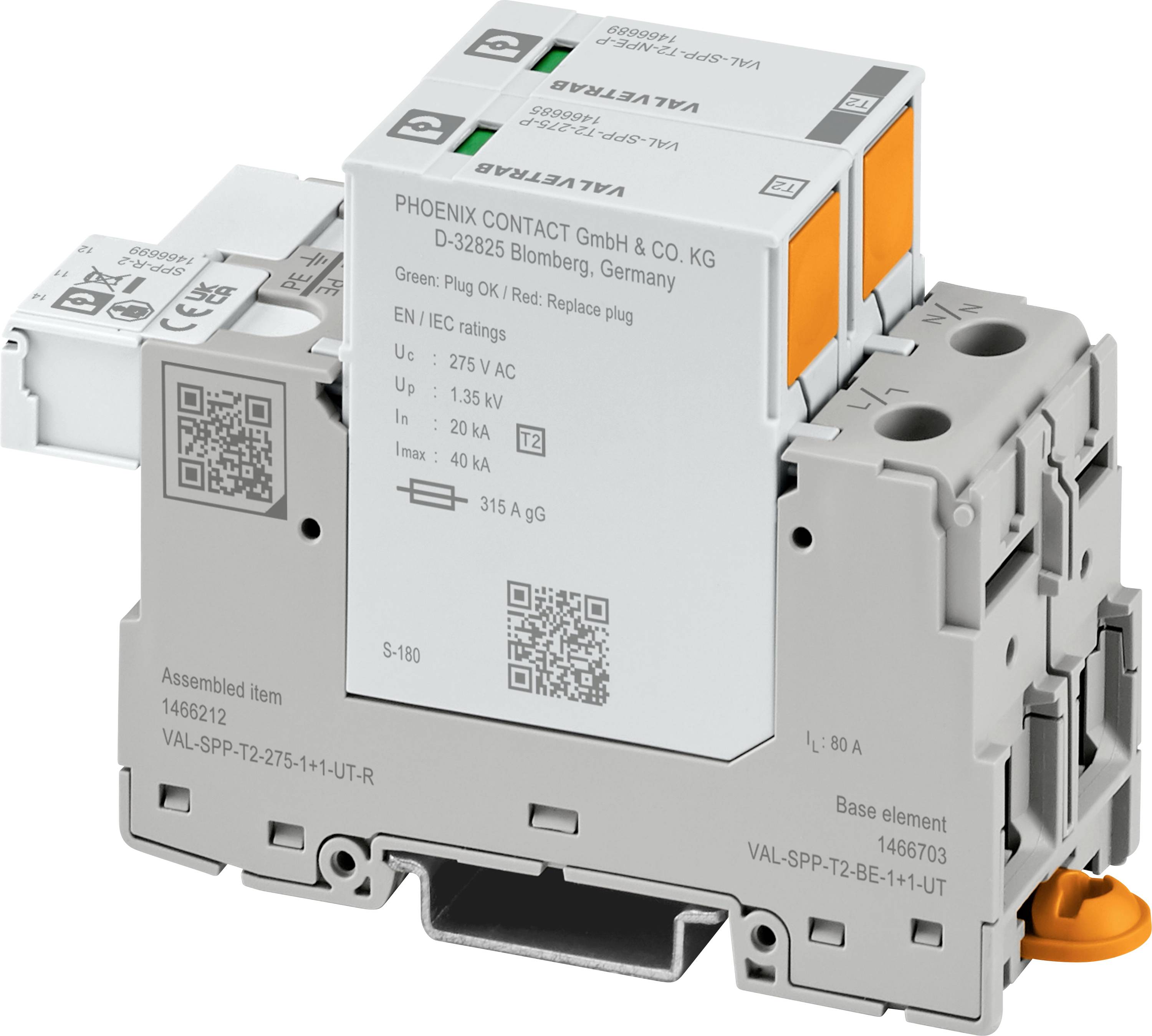 A Phoenix Contact surge protection device with QR codes and technical specifications on the front.