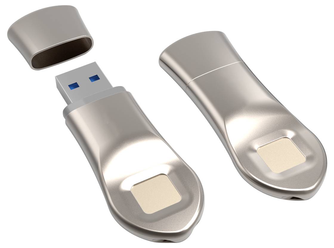 A USB stick in silver colour with its cap removed, showing the USB plug and a touch-sensitive area on the surface for fingerprint recognition.