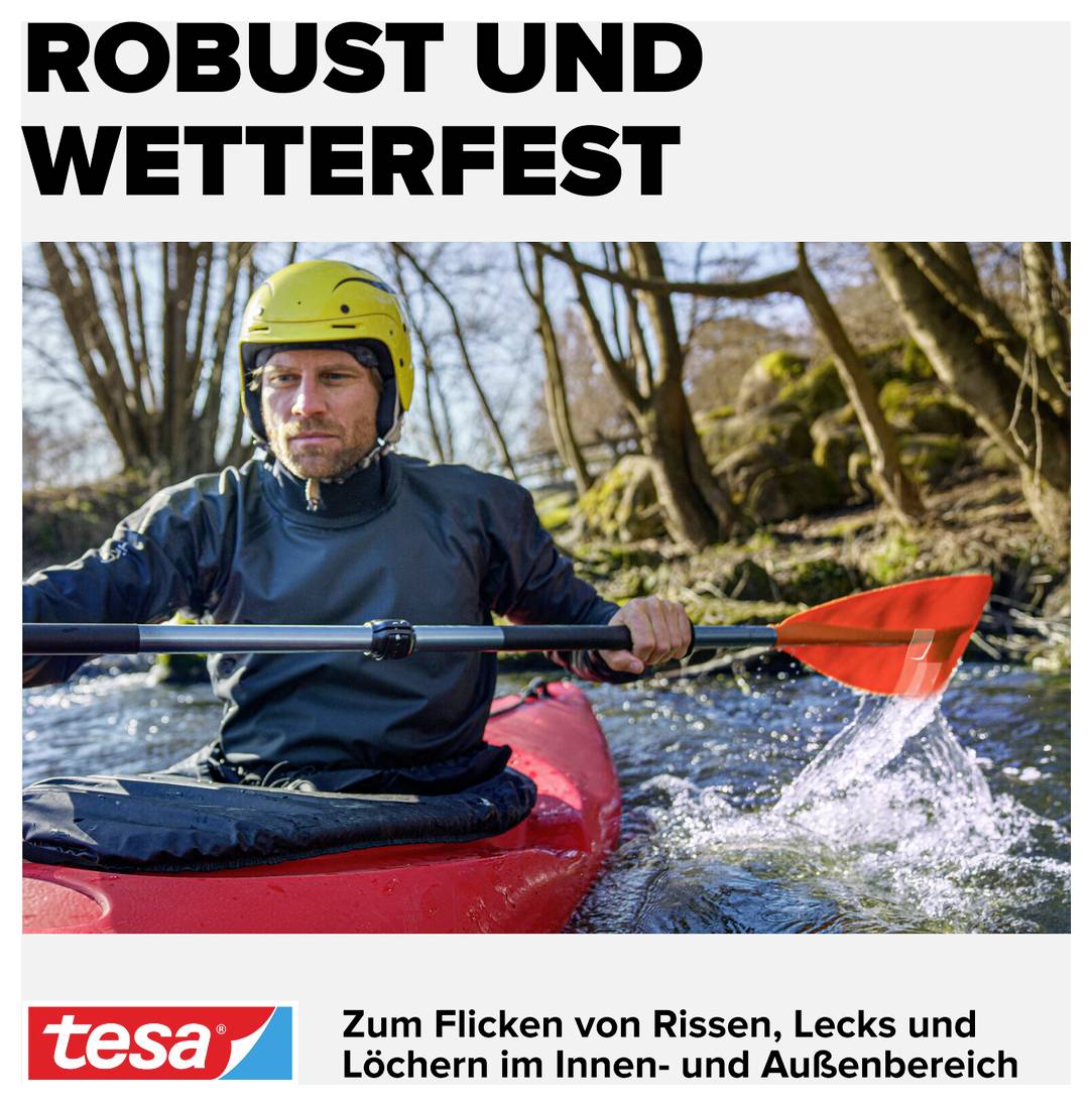 A man paddles through a river in a red kayak. Text above: 'Robust and Weatherproof'. Below: 'For patching cracks, leaks and holes'.