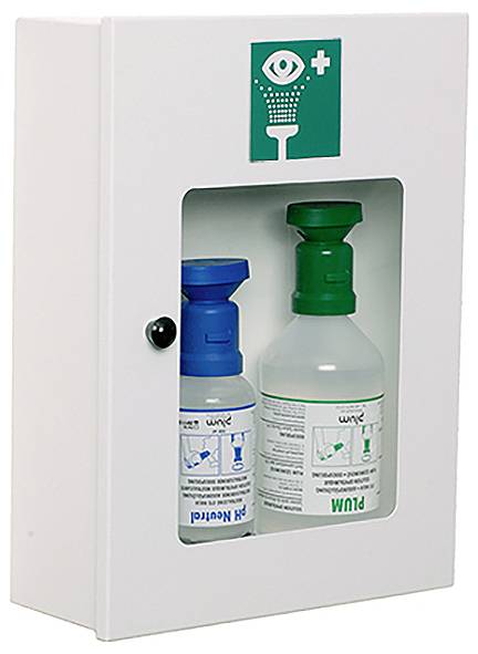 Wall-mounted eyewash station cabinet with two solution bottles visible inside.