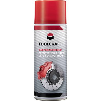 Red spray can for brake cleaner with an image of a brake disc and brake calliper. Brand 'Toolcraft'. Text in German, French, and Italian.