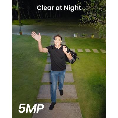 A person waves cheerfully on an illuminated garden path at night. Text: 'Clear at Night', '5MP'.