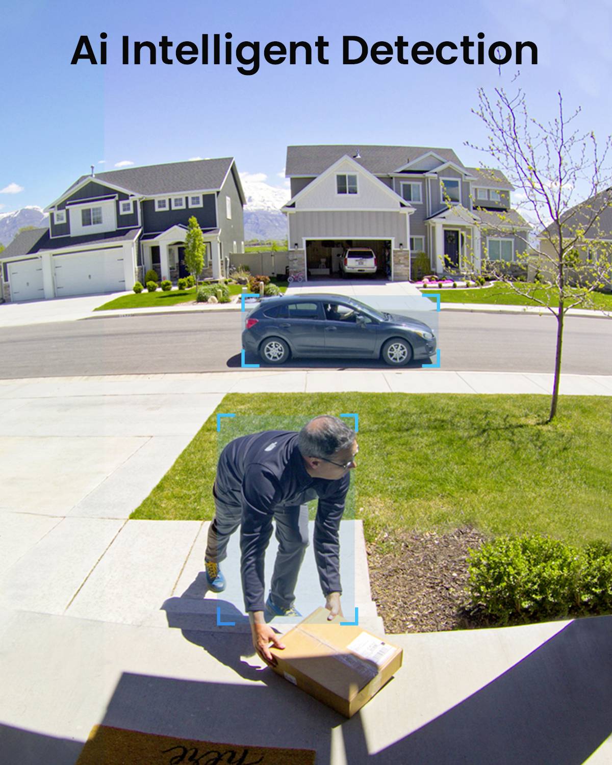 A person is placing a package in front of a front door. Houses and a car are visible in the background. The text 'Ai Intelligent Detection' is displayed at the top.