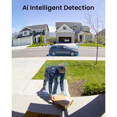 A person is placing a package in front of a front door. Houses and a car are visible in the background. The text 'Ai Intelligent Detection' is displayed at the top.