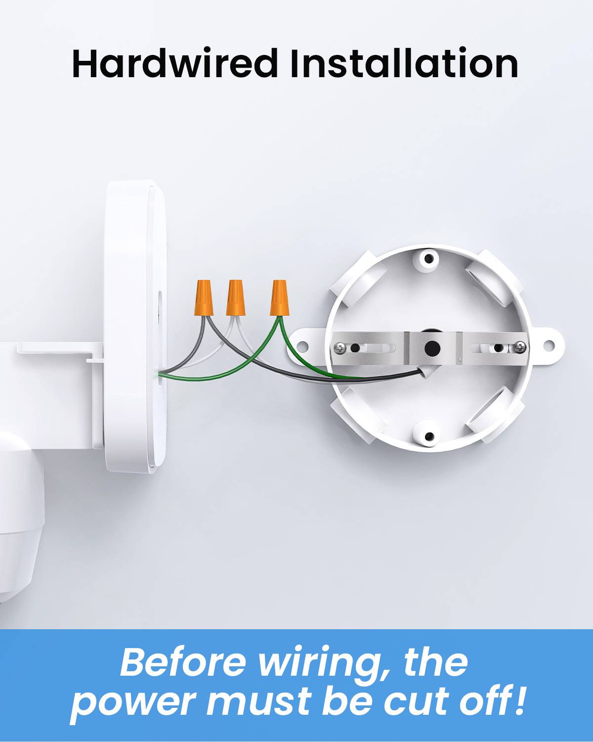 'Hardwired Installation': Image of a wall element with wires for connection. Note 'Power must be switched off before wiring!'.