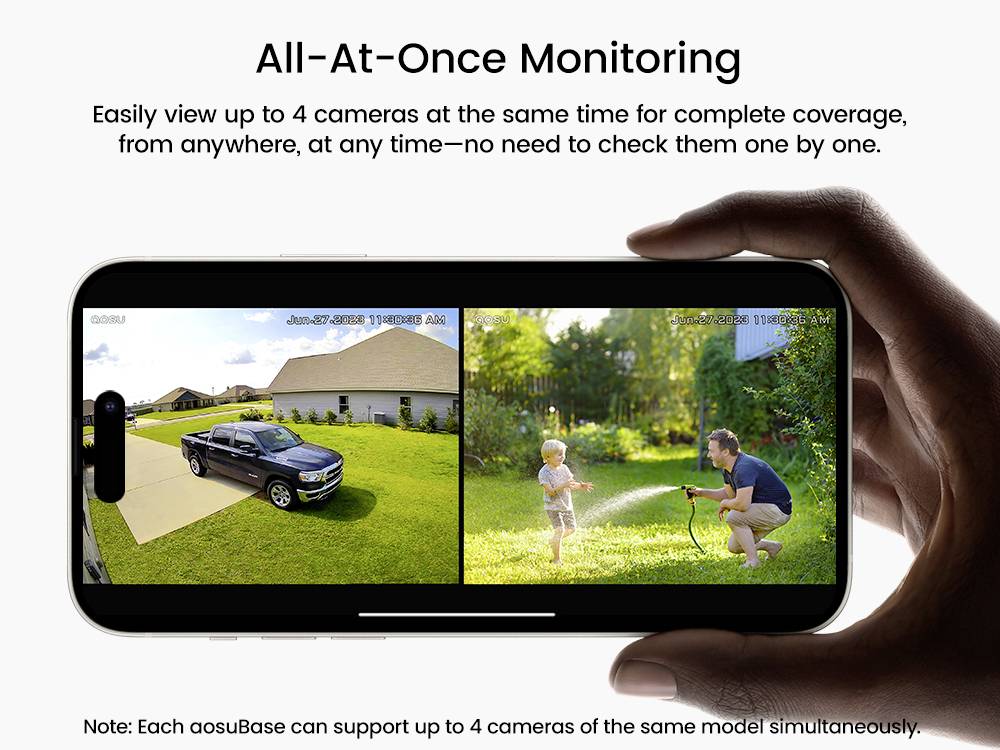 A hand holds a smartphone displaying multiple camera feeds: one showing a truck in a driveway, another of a child with an adult on grass.