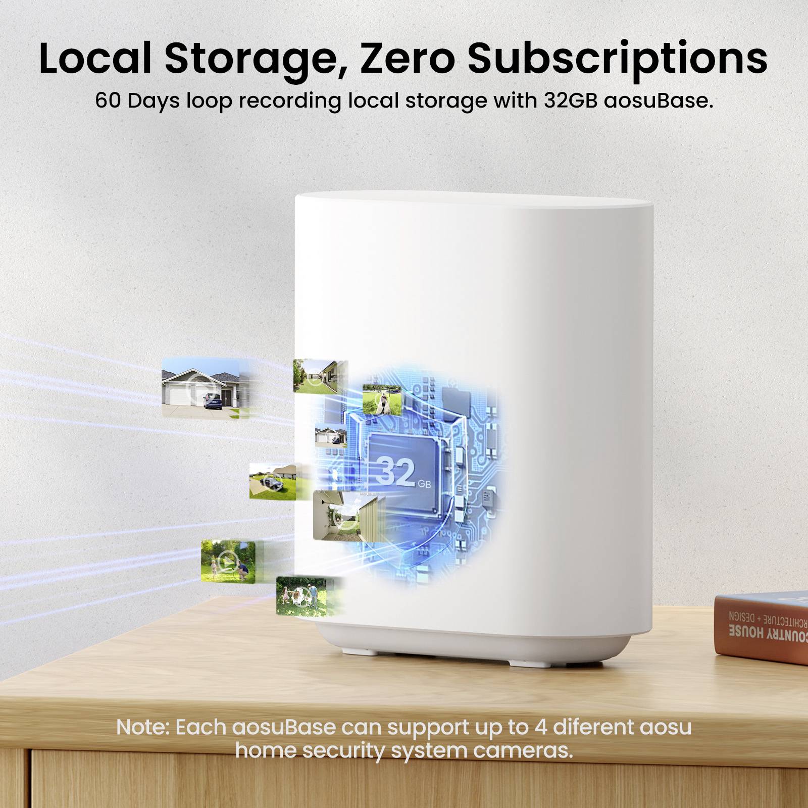 A white device capable of supporting up to four cameras on a wooden table, highlighting 'Local Storage, Zero Subscriptions'.