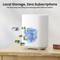 White storage device on a wooden table, labeled 'Local Storage, Zero Subscriptions,' supports four camera connections, 32GB memory.