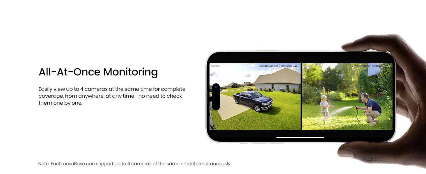 A hand holds a smartphone displaying a split-screen of two security camera views: a black car in a driveway and a person with a child outside.
