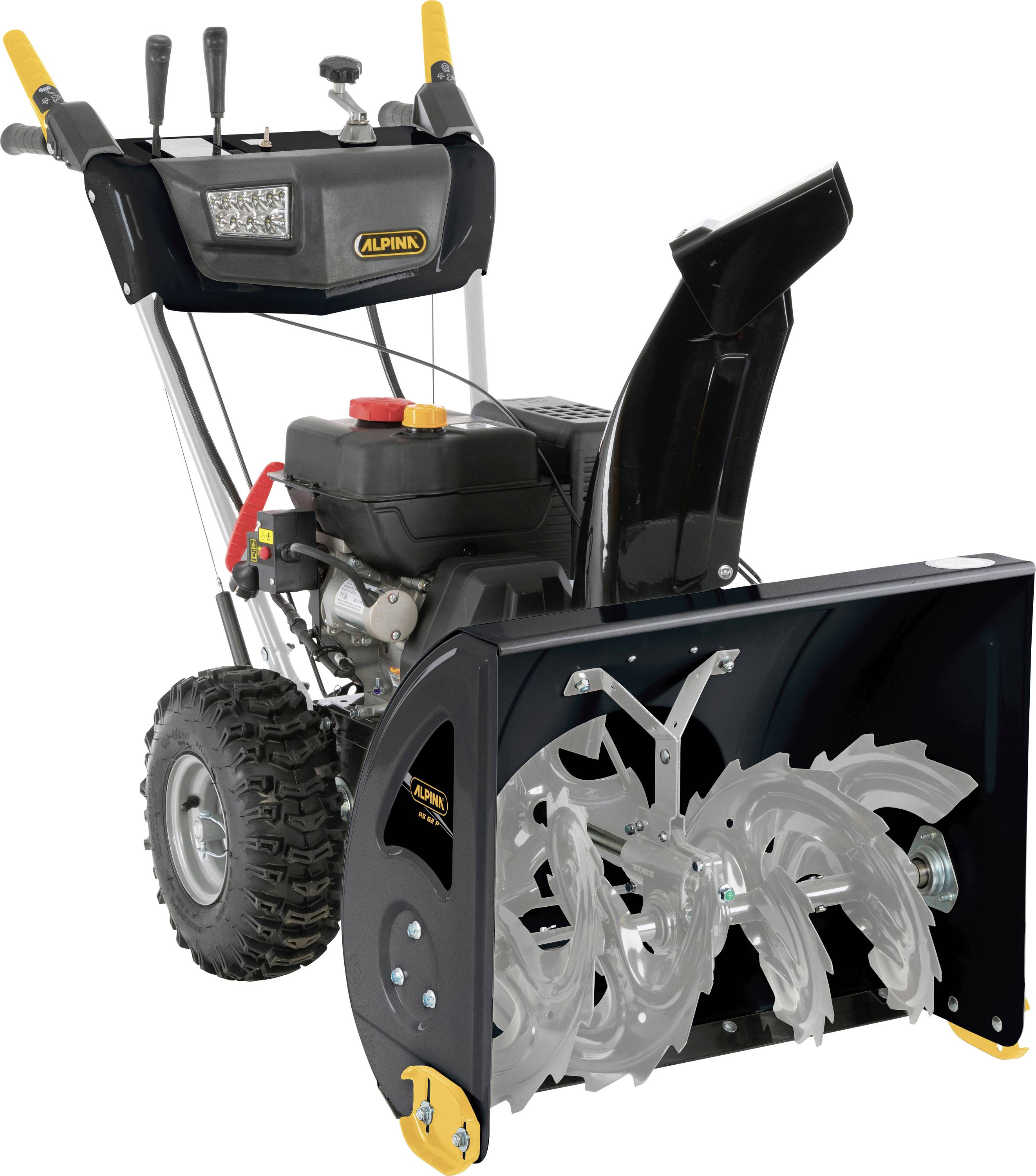 Snow blower with robust wheels and hand-guided handles, suitable for clearing snow from pavements or driveways.