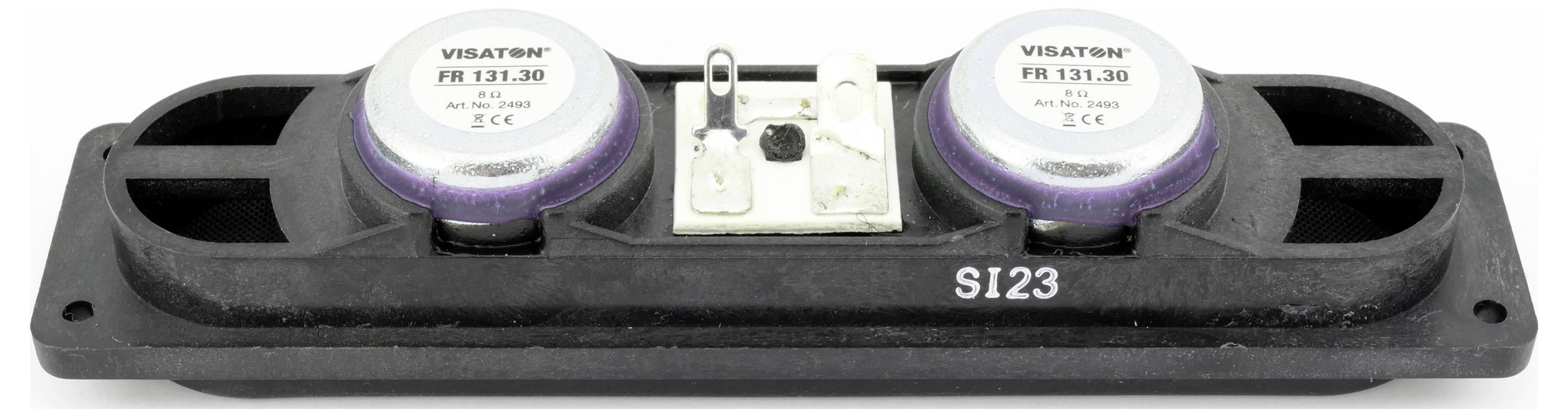 Speaker unit with two Visaton drivers, model number "FR 13". The enclosure is black with metal components in the centre.