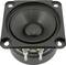Black speaker in a square enclosure, photographed from the front, clearly showing the voice coil and connection terminals.