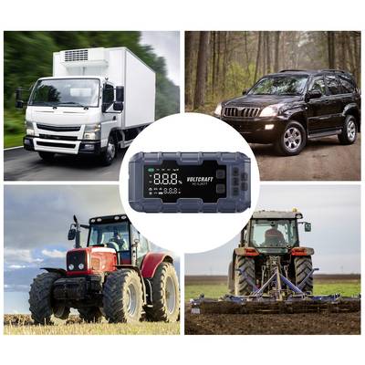 A white lorry, a black off-road vehicle and two tractors are grouped around a digital voltmeter by Voltcraft.