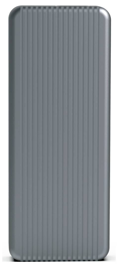 Grey suitcase with vertical grooves on a smooth surface, rectangular and modern in design.