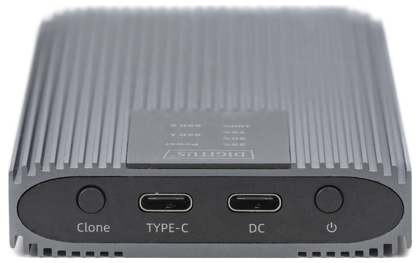 External hard drive with USB-C and DC connectors, buttons for 'Clone' and 'Power'. Ribbed casing for heat dissipation.