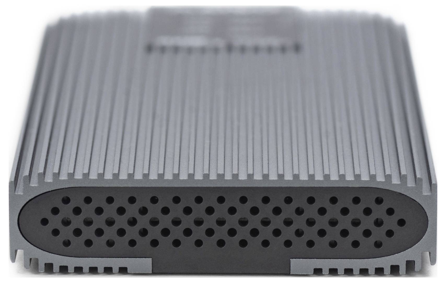 Grey external hard drive with ribbed design and oval ends.