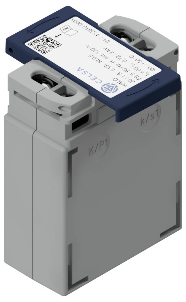 'Electrical relay with a blue cover and white label, on which technical specifications are printed.'