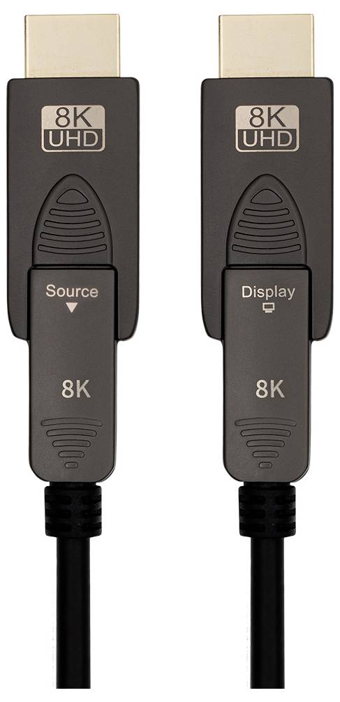 '8K UHD' HDMI Cable with two connectors, marked as 'Source' and 'Display'. Ideal for high-resolution video transmission.