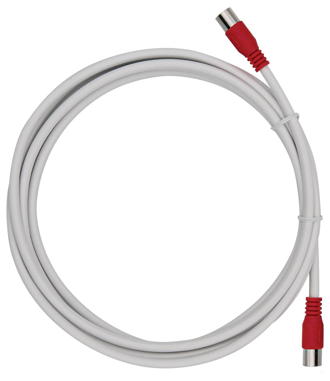 A white coaxial cable with red end connectors, coiled in a loop.