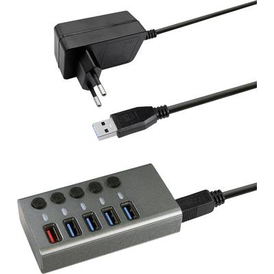 A USB hub with four ports, two blue and two black, alongside a power adapter and a USB cable for power supply and connection.