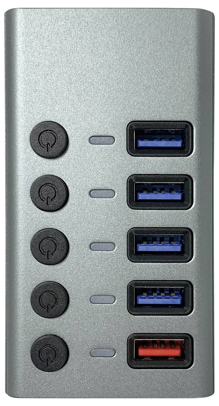 Multi-USB charger with five USB ports and individual on/off switches for each port, housed in a silver casing.