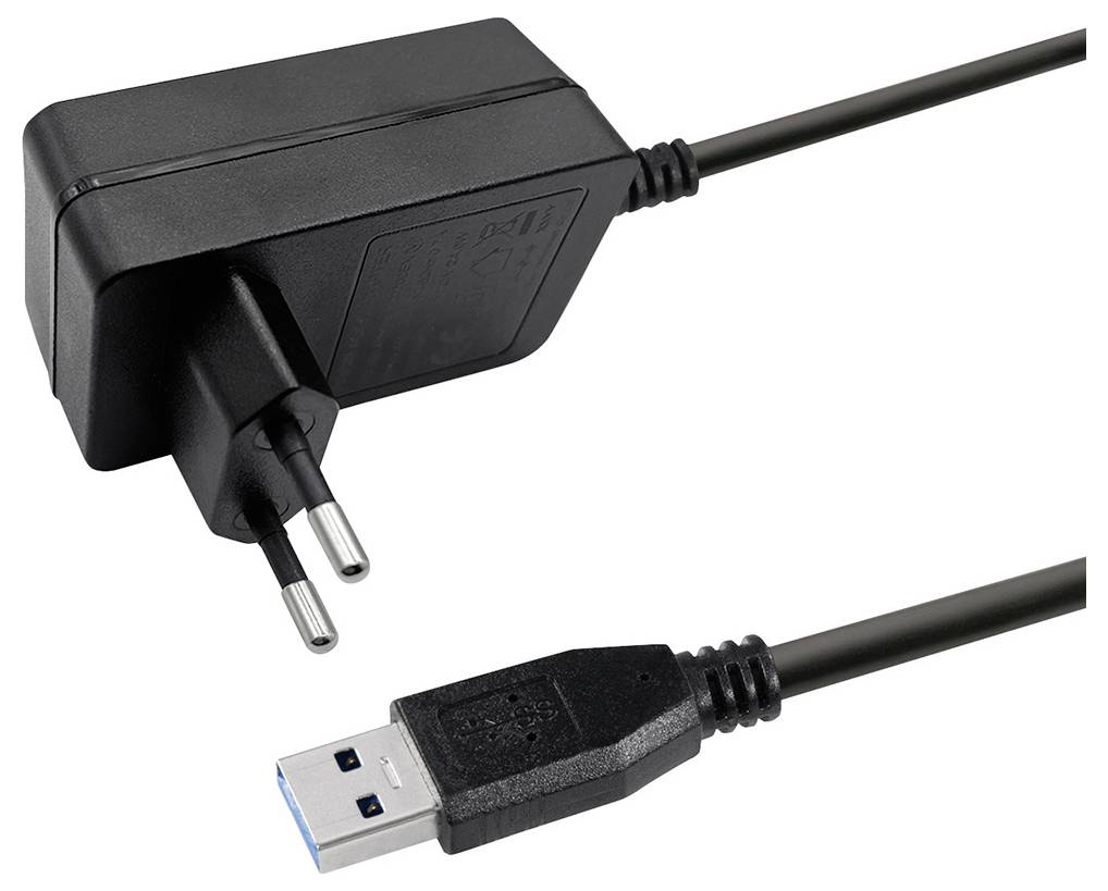 Black power adapter with EU plug and USB connecting cable.