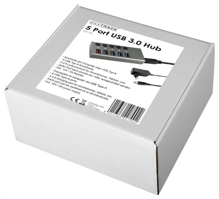 '5 Port USB 3.0 Hub' Packaging with Product Image and Specifications. The hub provides multiple USB ports for connecting devices.