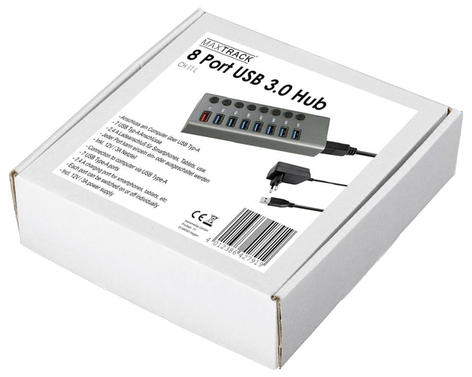 White product packaging with an image of an '8 Port USB 3.0 Hub'. Lists specifications, CE marking and shows USB hub with cable.