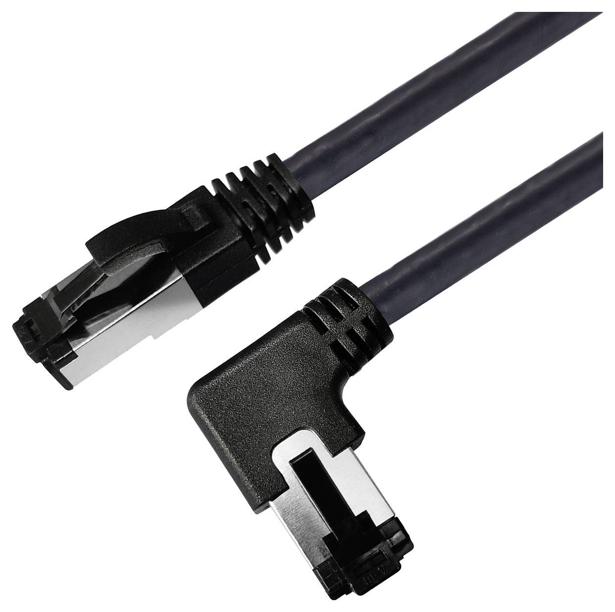 Two Ethernet cables with different connector designs: one with a standard plug and the other with a 90-degree angled plug.