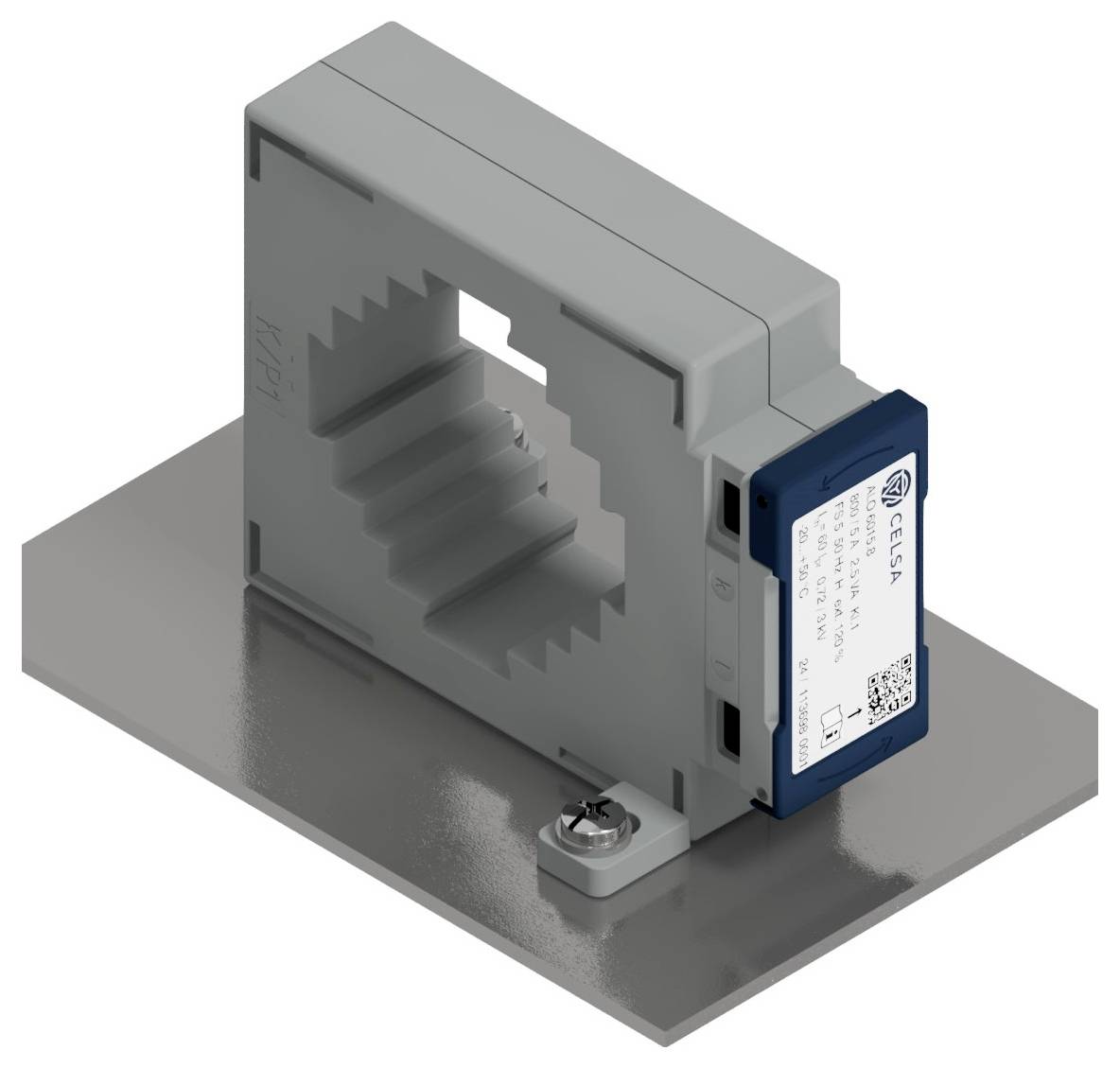 A grey current sensor with a rectangular aperture, mounted on a metal plate, with a blue marking and white label.