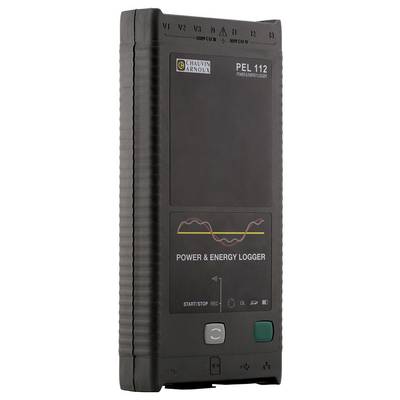 A black 'Power & Energy Logger' by Chauvin Arnoux, Model PEL 112, stands upright. The device displays a graphical representation and several control elements.