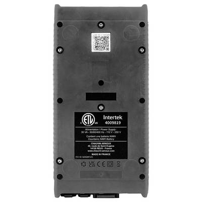Back of an electronic device with manufacturer information, barcode, and certification seal. Includes details about power supply and place of origin.