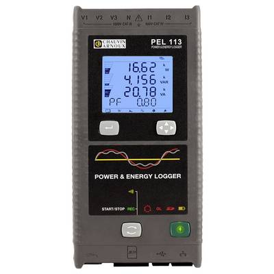 A black and grey power and energy data logger with an illuminated display, showing voltage and current measurements in kWh.