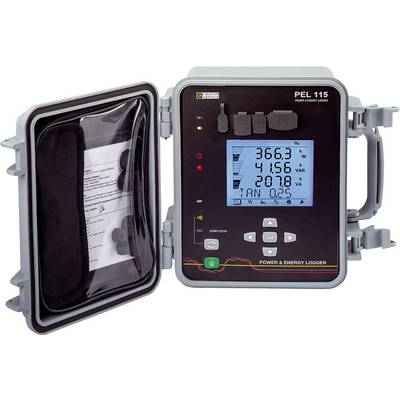 A portable energy and performance logger with open doors displays a screen with measurement values. Navigation buttons are visible beneath the display.