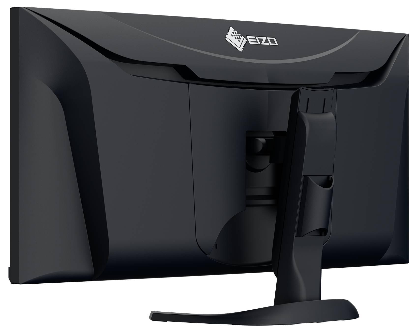 'A black monitor from behind with the brand logo at the top and a sturdy stand.'