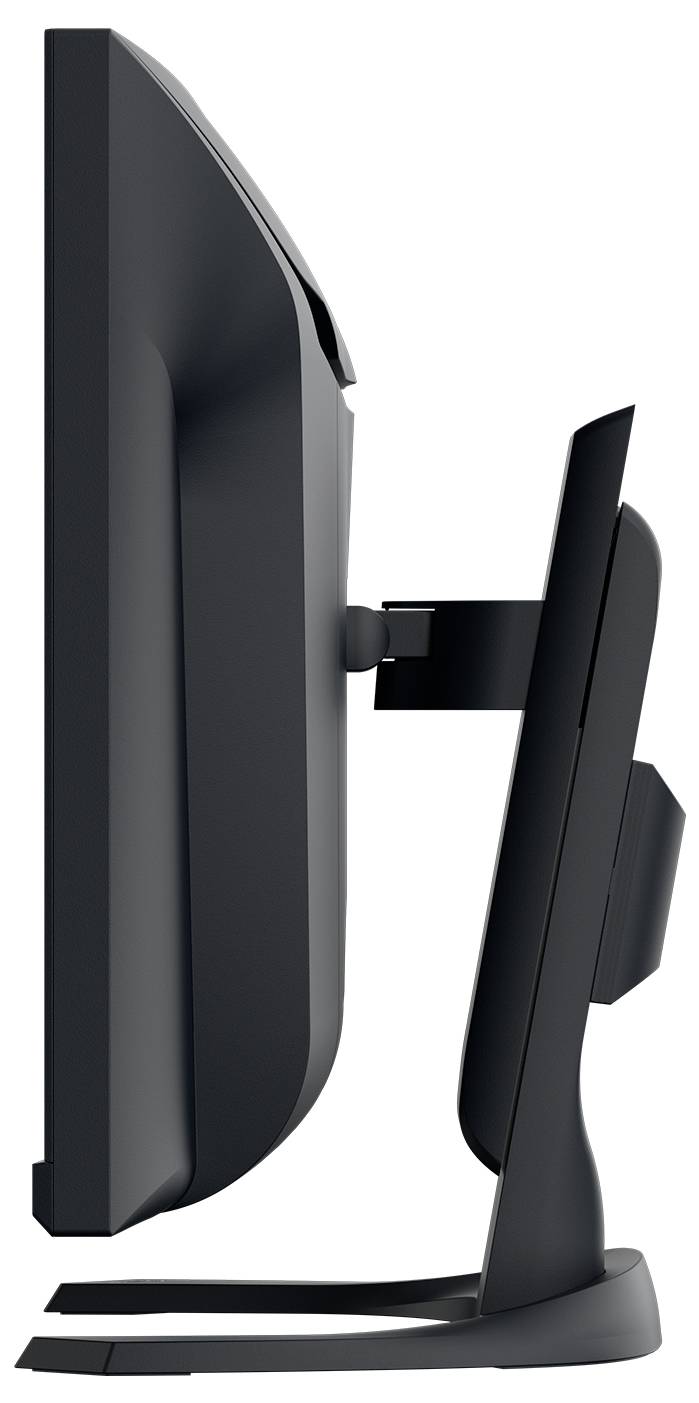Side view of a modern, black computer monitor with adjustable stand on white background.