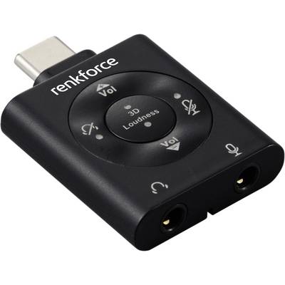 External USB sound card by Renkforce with volume control and microphone mute function. Connections for headphones and microphone.
